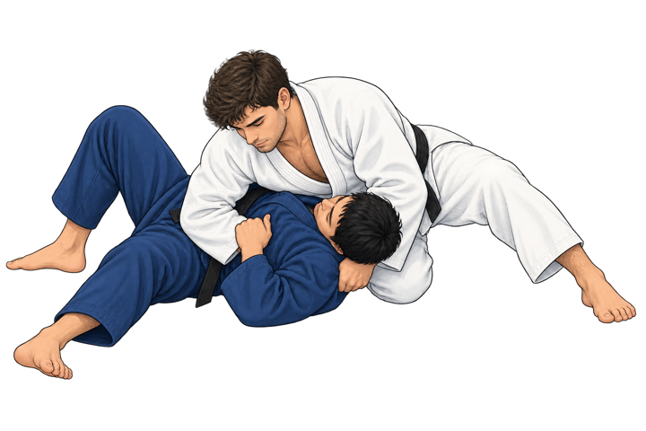 Two judoka practising a grappling technique.