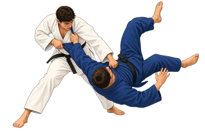 Two judoka practising a throwing technique.