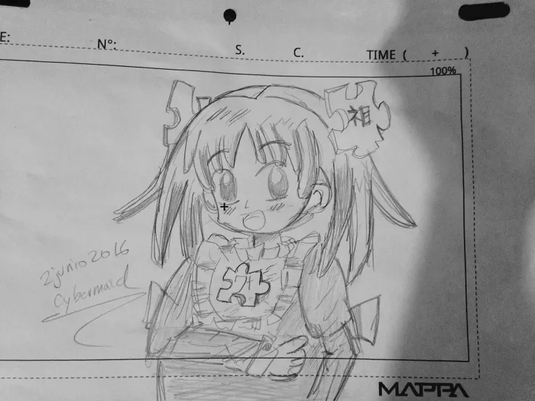 Pencil animation drawing on a cel-sized sheet photographed on a desk