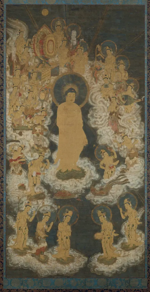 Amida Buddha and attendant bodhisattvas descending on clouds in a hanging scroll