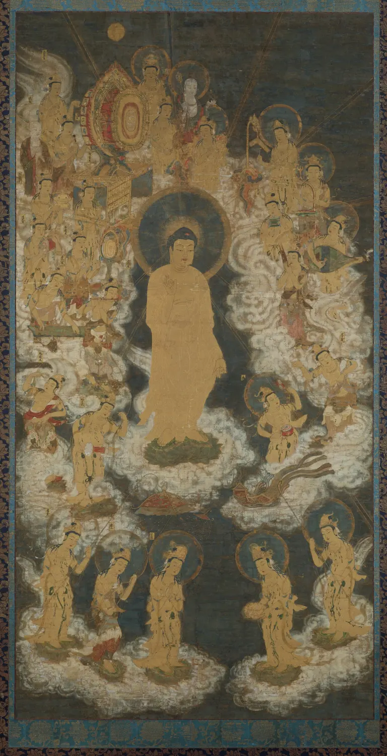 Amida Buddha and attendant bodhisattvas descending on clouds in a hanging scroll