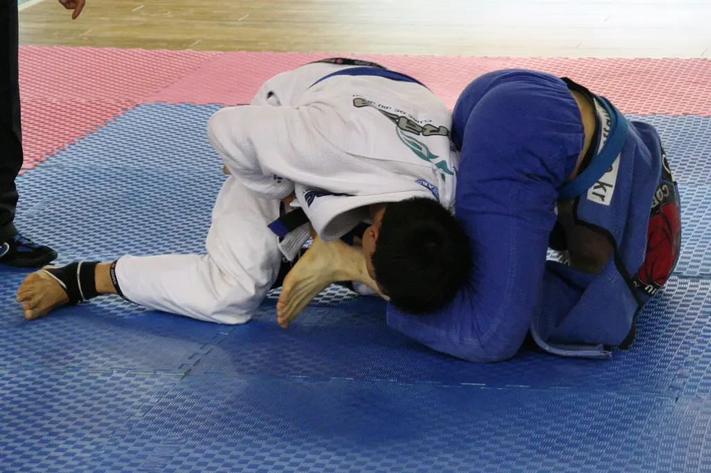 Two Brazilian Jiu-Jitsu competitors in gis contesting an armbar on the mat