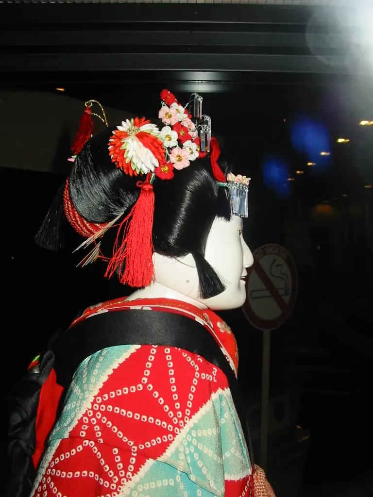 Elaborately costumed Bunraku puppet displayed in the National Bunraku Theatre