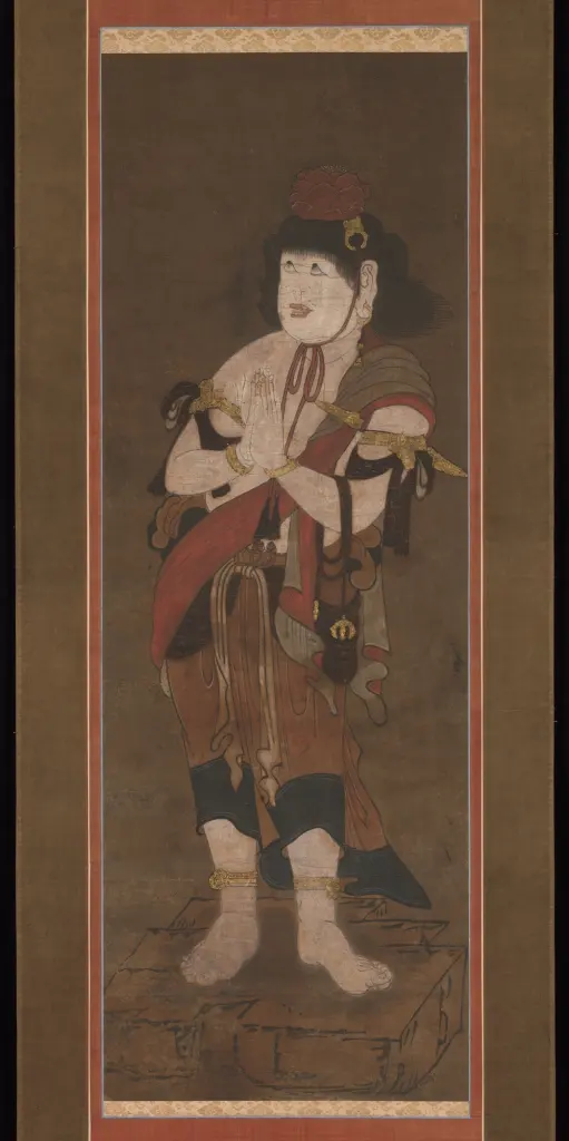Fudō Myōō holding a sword and rope with two youthful attendants