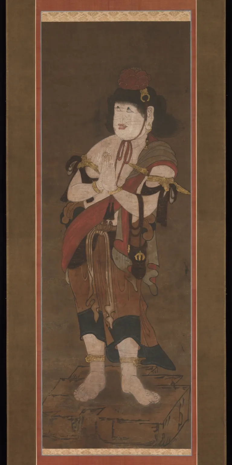 Fudō Myōō holding a sword and rope with two youthful attendants