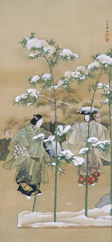 Painted Noh performer in an elaborate costume beneath bamboo
