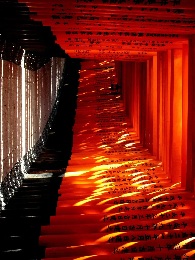 Two passages formed by closely spaced vermilion torii gates at Fushimi Inari Taisha