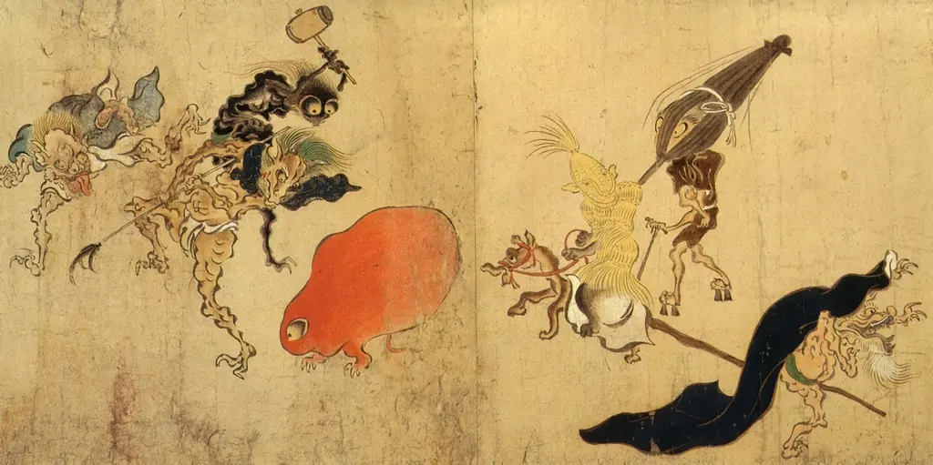 Fantastic beings and animated objects processing across a painted scroll