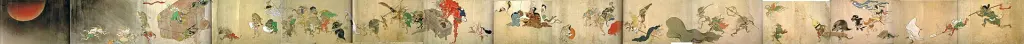 Long painted procession of varied supernatural beings and animated objects