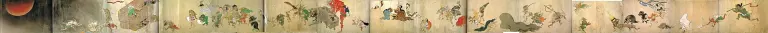 Long painted procession of varied supernatural beings and animated objects