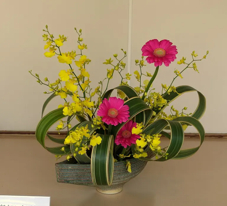 Ikebana composition of branches and flowers displayed in Tokyo