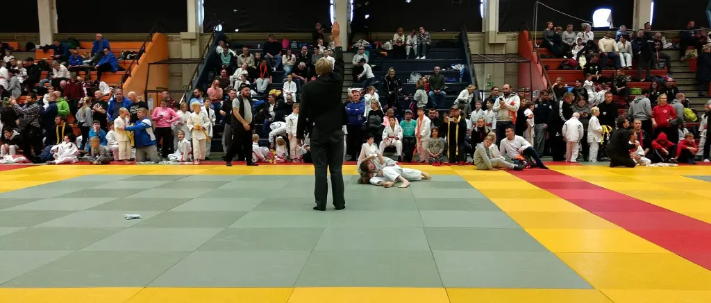 A Judo referee raising one arm above the head to signal ippon between two competitors