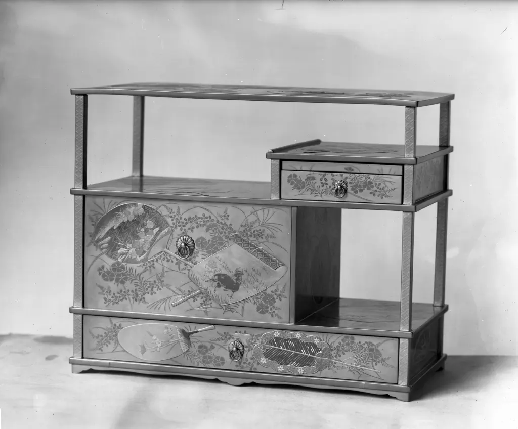 Gold lacquer cabinet with implements for a Japanese incense game