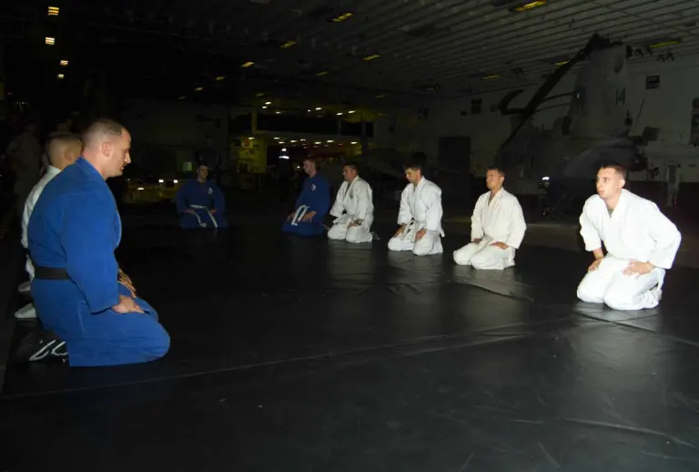 Judo practitioners kneeling in rows on a dojo mat before training