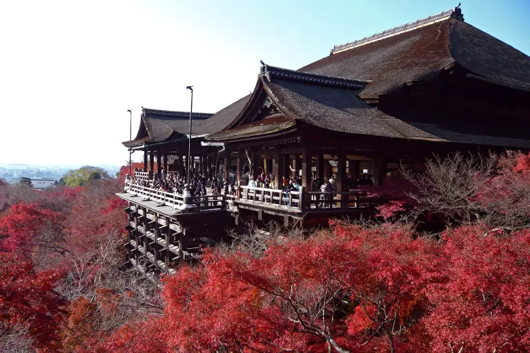Kiyomizu-dera Main Hall and wooden stage projecting over a forested slope in autumn