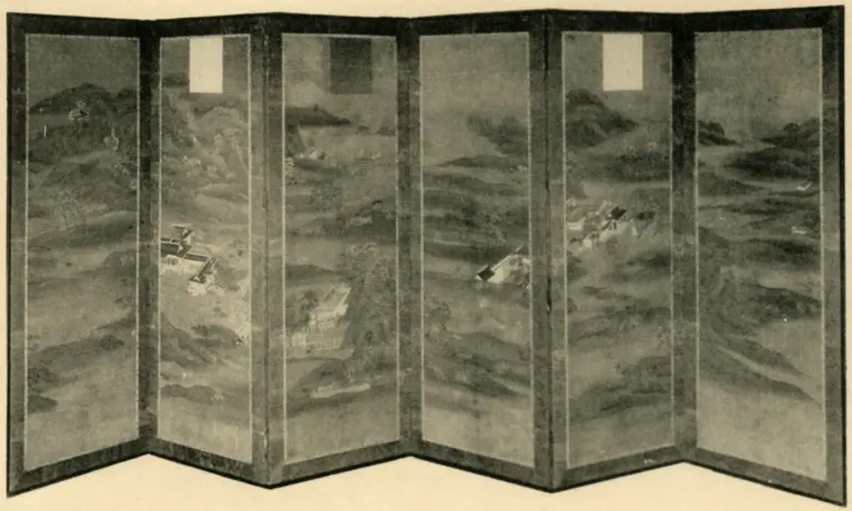 Japanese landscape painted across a six-panel folding screen