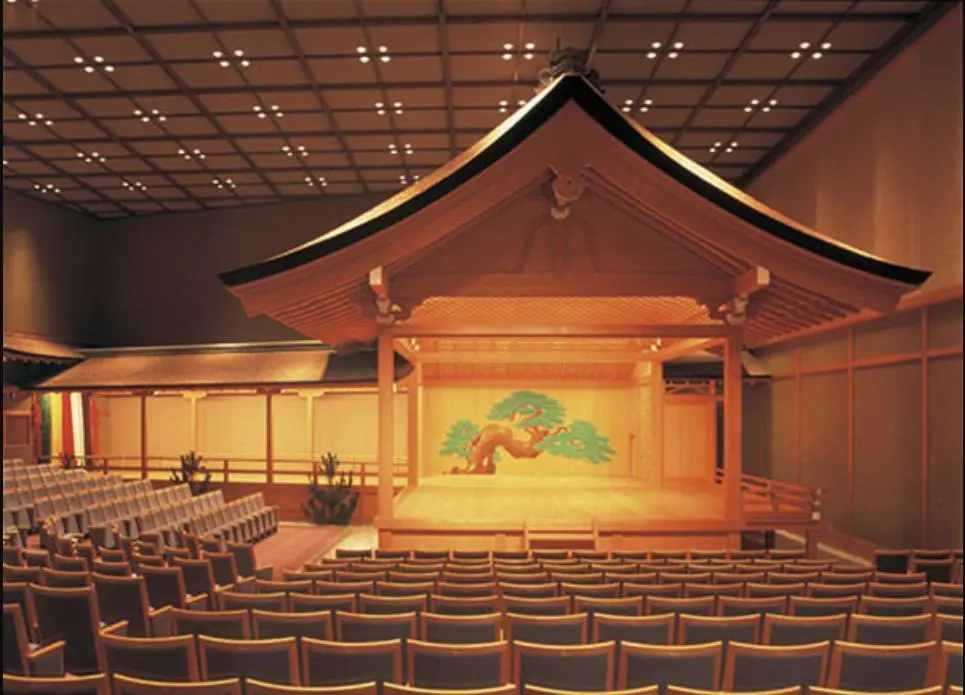 Roofed wooden Noh stage inside the National Noh Theatre auditorium