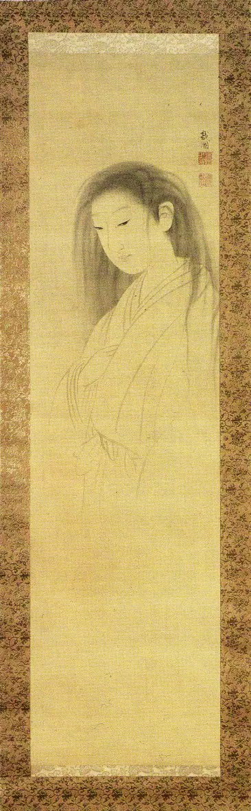 Pale female ghost in a white robe fading into an empty background
