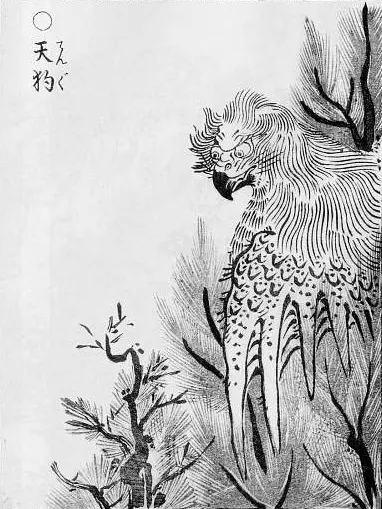 Winged bird-headed tengu standing beside a tree in an Edo-period illustration