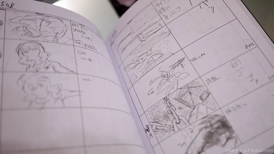 Open e-conte storyboard pages with drawn panels and handwritten notes