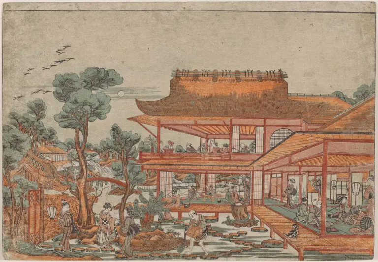 People gather in a Japanese room and garden to view the mid-autumn moon