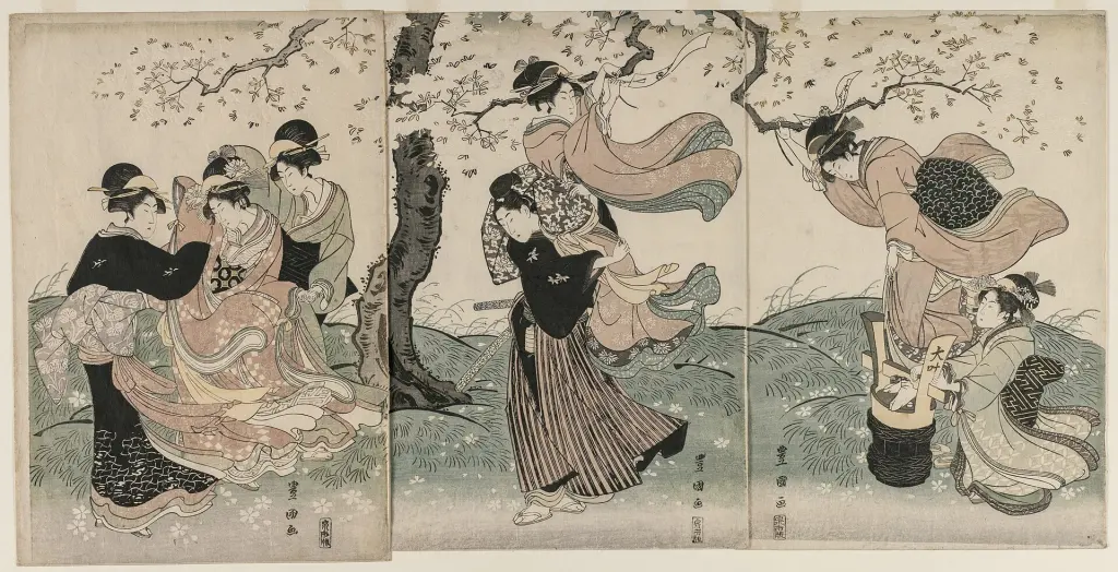 Groups of people enjoying cherry blossoms in a colourful Edo-period triptych