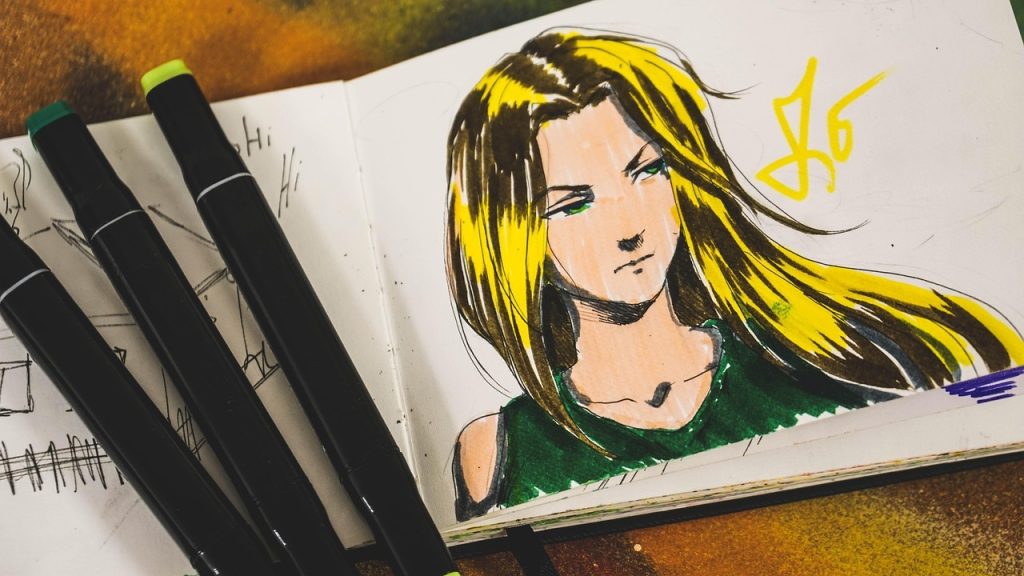 Anime-style character sketch beside drawing markers