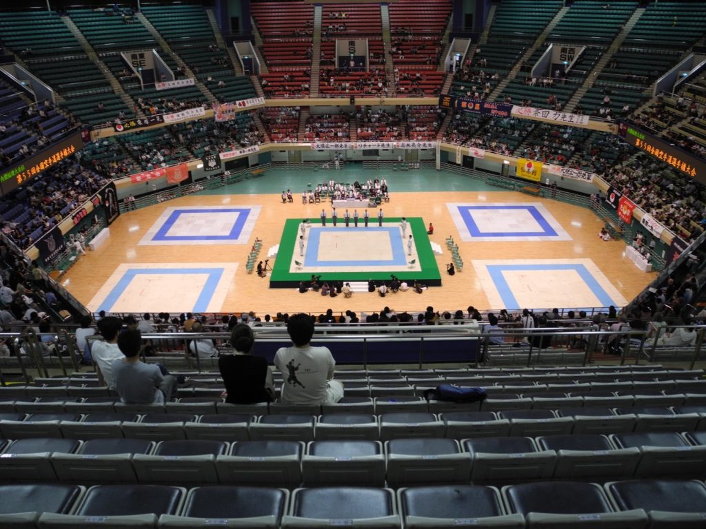 A wide view of a Japan Karate Association national tournament arena in Tokyo