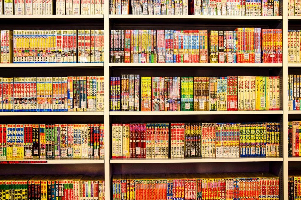 Colorful shelves filled with Japanese manga volumes