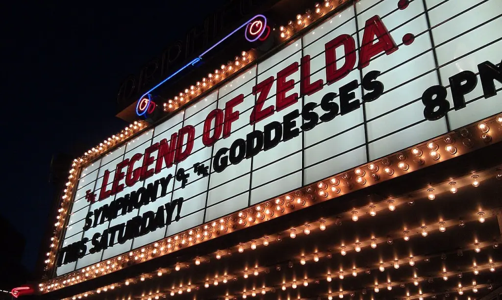 Theater marquee advertising The Legend of Zelda Symphony of the Goddesses concert