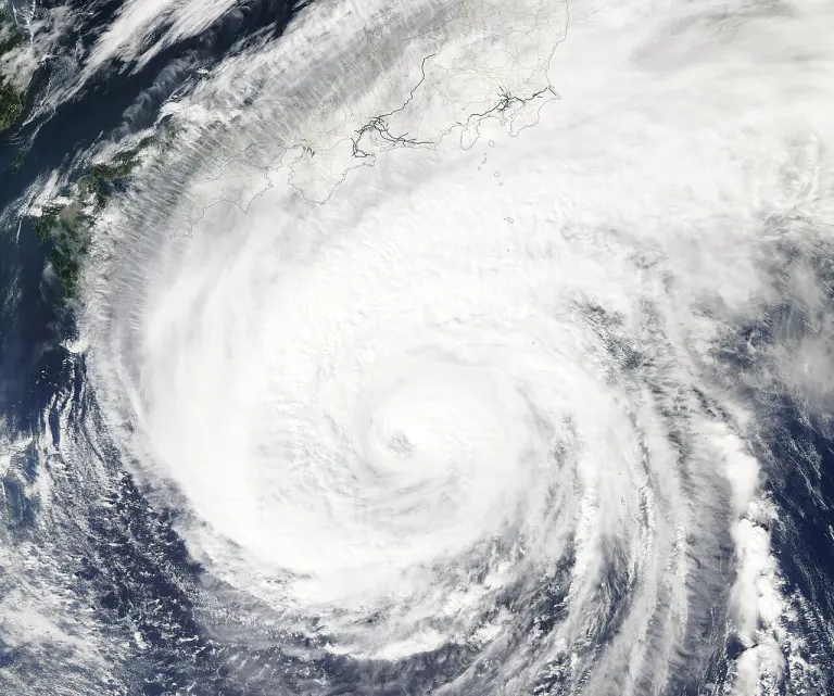 Satellite view of Typhoon Hagibis and its cloud bands beside Japan.