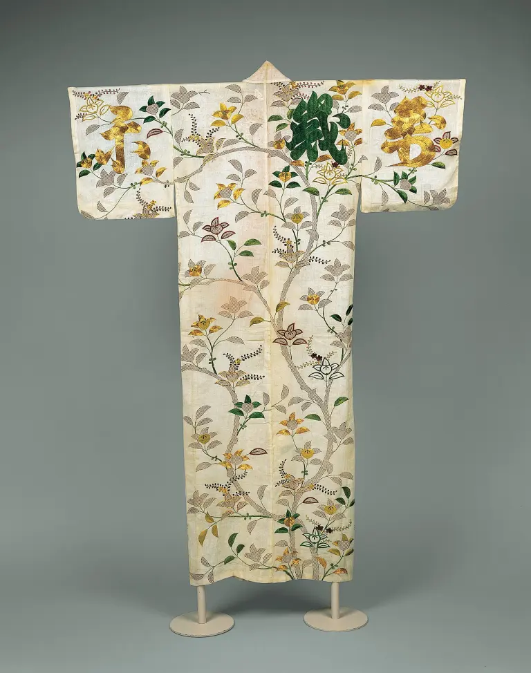 Edo-period silk kosode robe with a dark ground and orange tree decoration