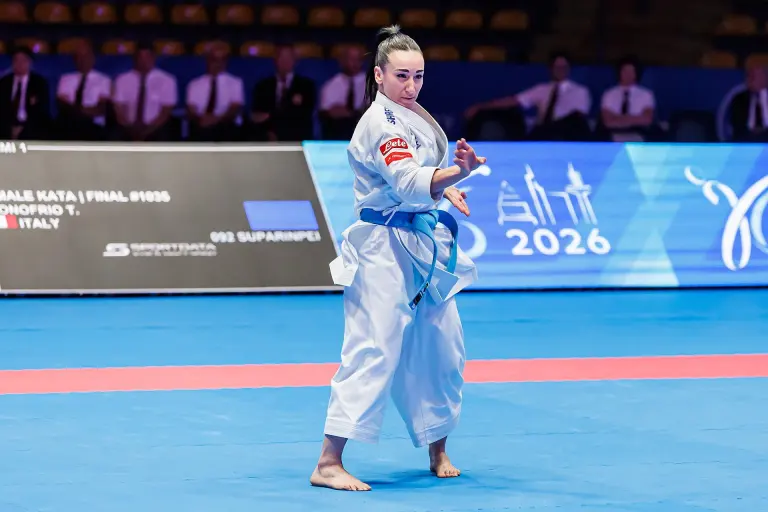 Competitor performing kata at the 2026 European Karate Championships