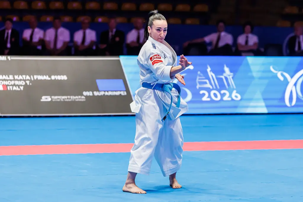 A competitor performs kata at the 2026 European Karate Championships