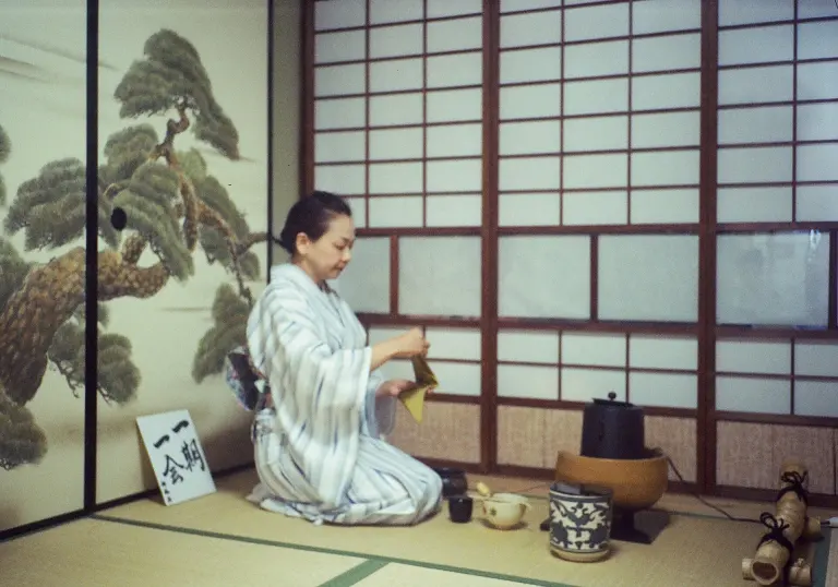 Tea host in kimono preparing a bowl for guests in a tatami room