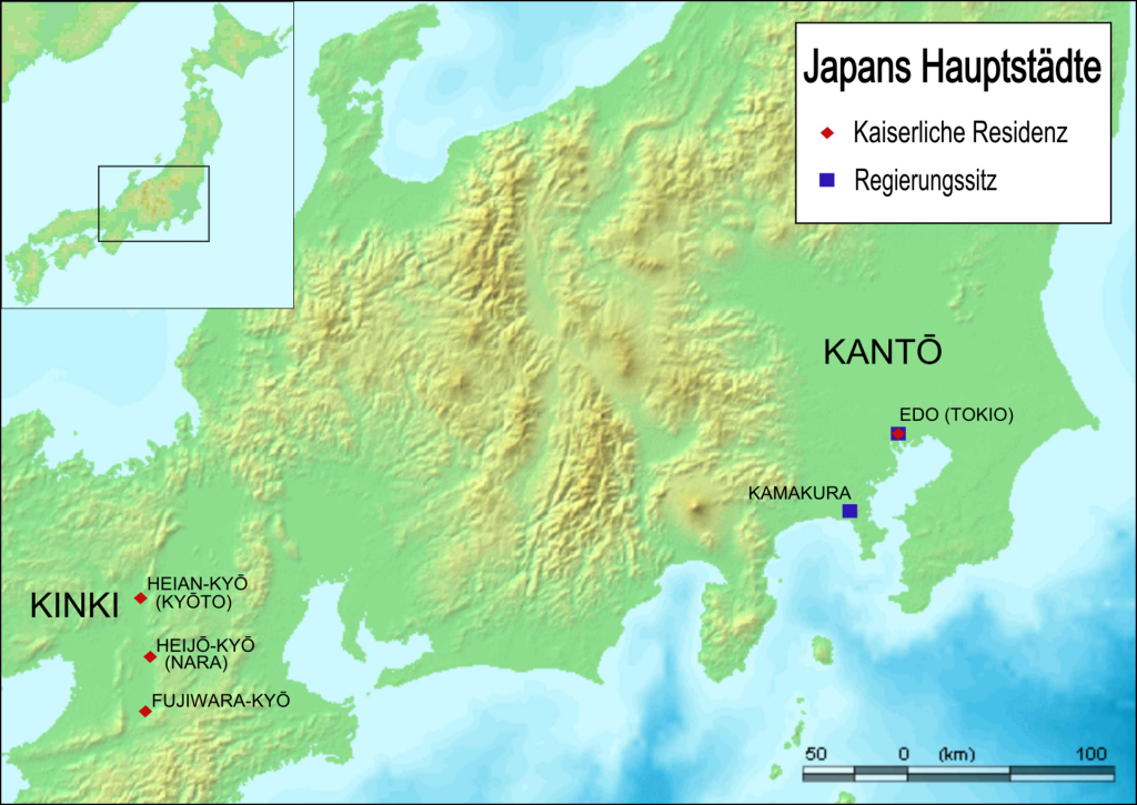 Map of Japan marking prominent imperial residences and government seats