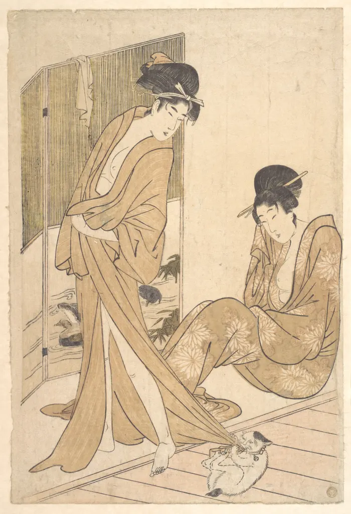Edo-period woodblock print of two women wearing patterned yukata after a bath