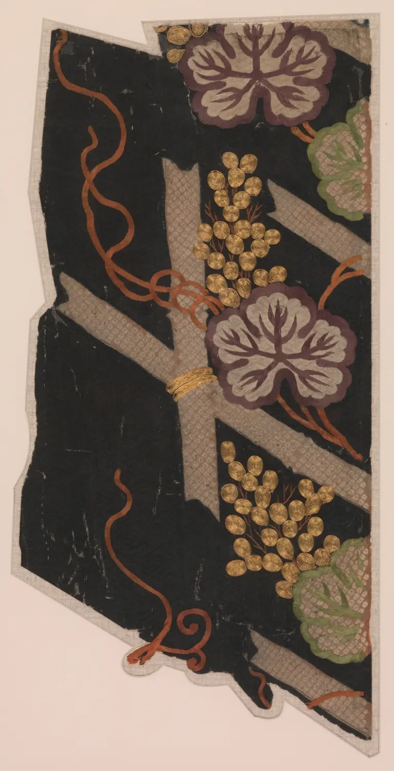 Shibori-dyed kosode fragments with grapevine and fence patterns