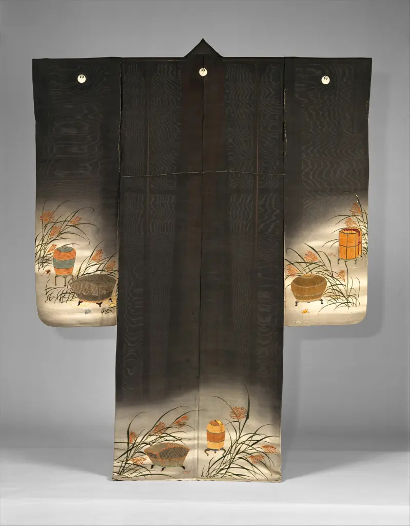 Yūzen-dyed summer kimono with crickets, grasshoppers, cages, and pampas grass