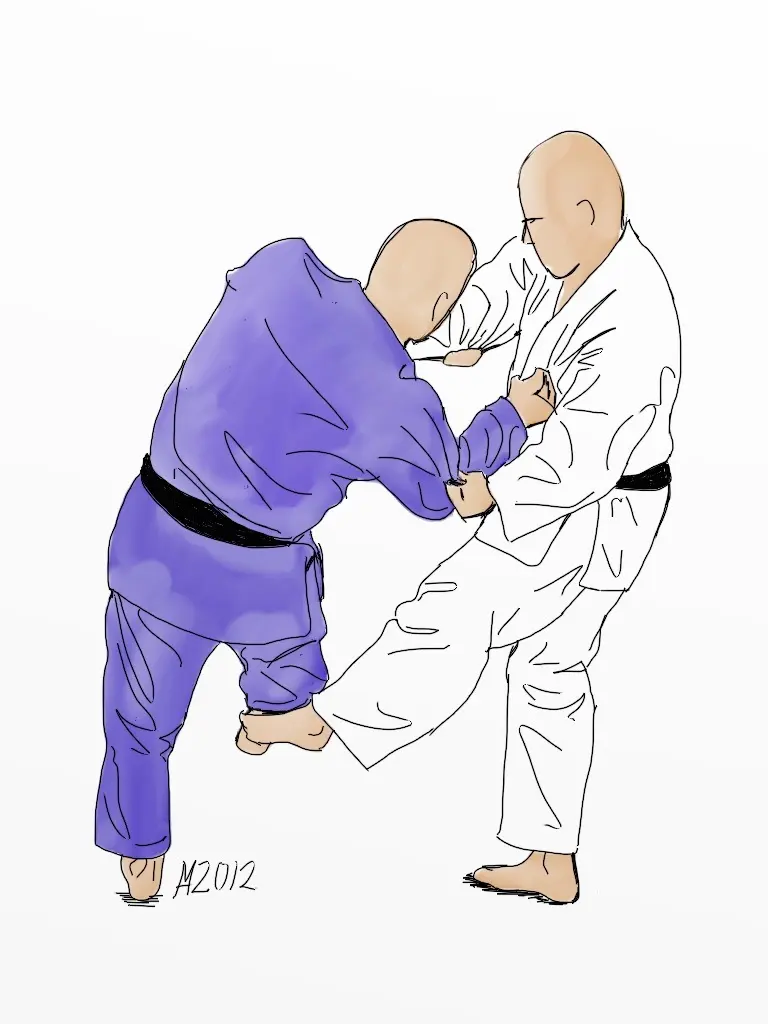 Two judoka demonstrate de-ashi-harai on a mat