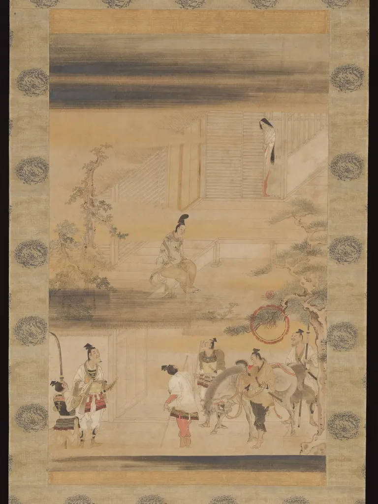 Taira no Koremori kneeling with his wife and attendants in a Japanese hanging-scroll painting
