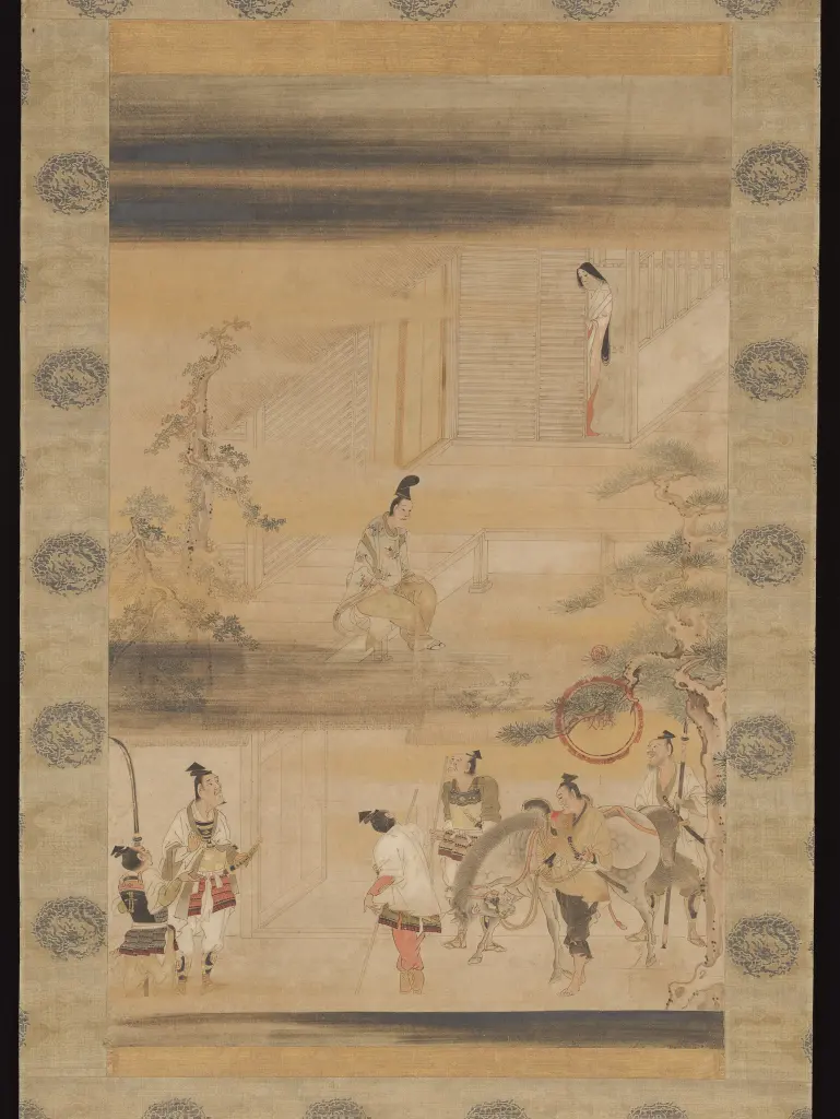 Taira no Koremori kneeling with his wife and attendants in a Japanese hanging-scroll painting