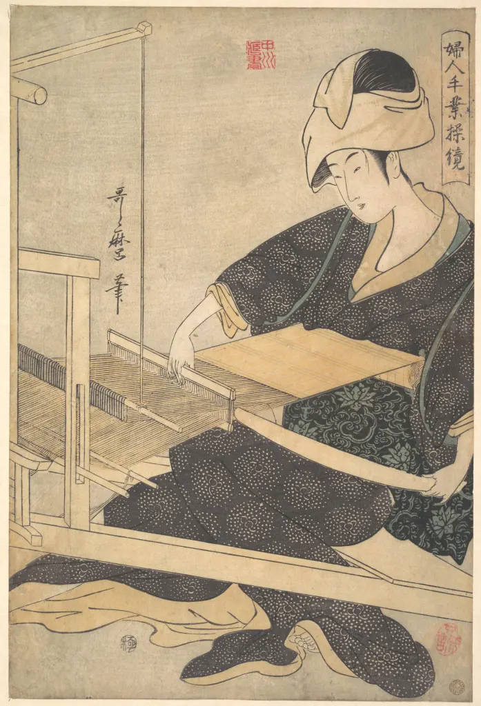 Woodblock print of a Japanese woman seated at a hand loom