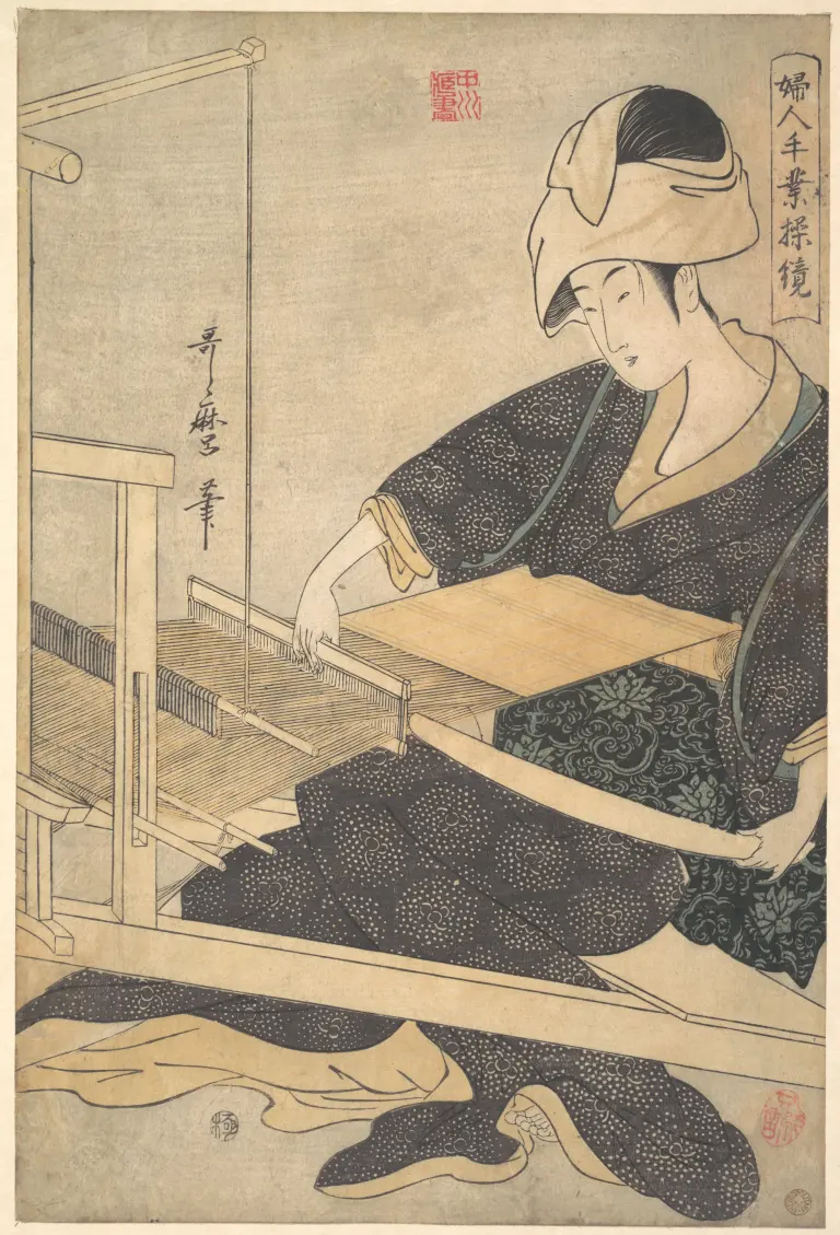 Woodblock print of a Japanese woman seated at a hand loom