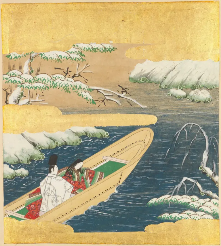 Court figures in a gold-accented album painting illustrating The Tale of Genji