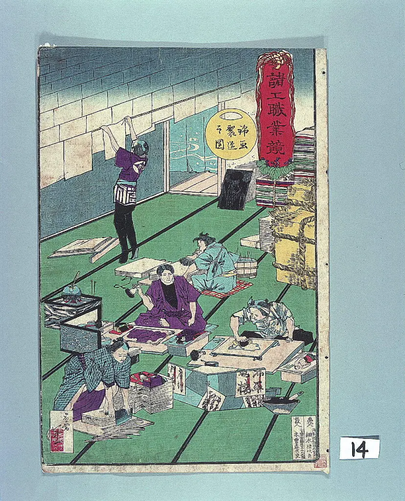Artisans carving and printing Japanese woodblock prints in an 1879 triptych