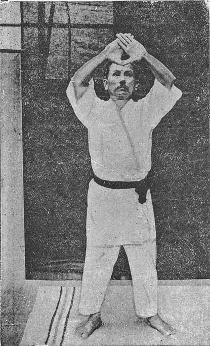 Historical photograph of Funakoshi Gichin performing Kankū