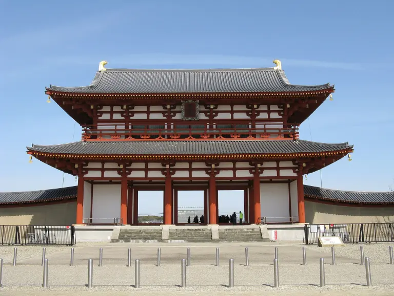 Reconstructed red-and-white Suzaku Gate at the Heijō Palace Site