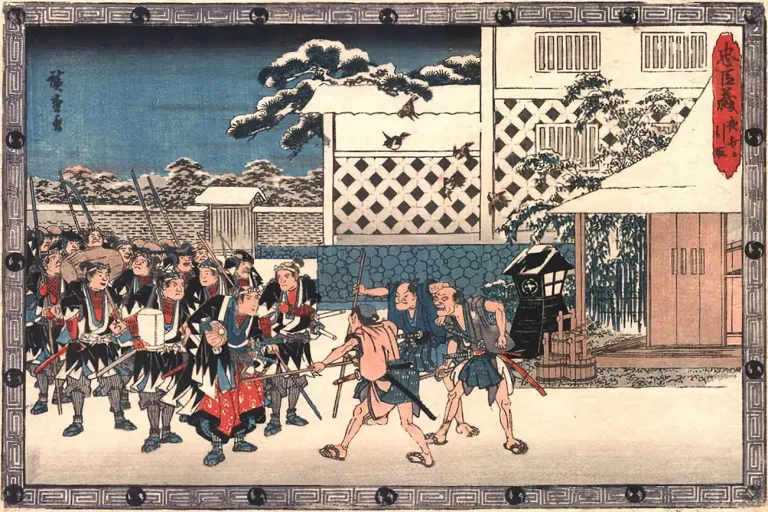 Hiroshige woodblock print illustrating the concluding act of Kanadehon Chushingura