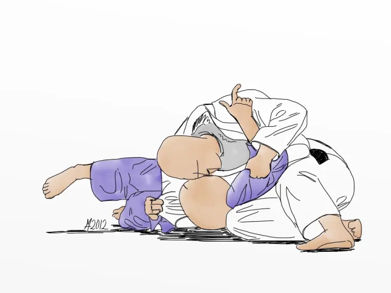 Two judoka demonstrate kesa-gatame on a mat